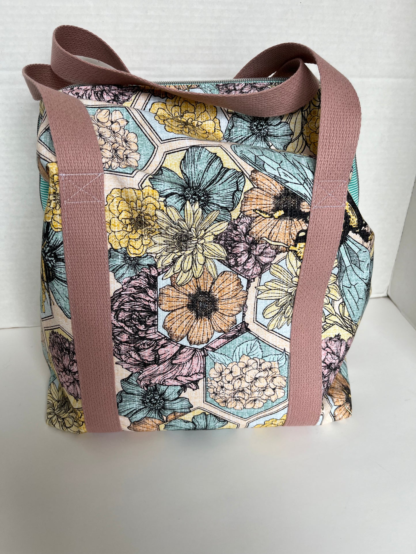 Bee and Floral Themed Large Canvas Wire Framed Project Bag with Handles