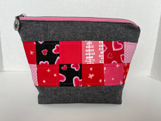 Patchwork and Linen Quilted Zipper Pouch , Valentine Bag