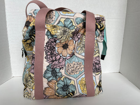 Bee and Floral Themed Large Canvas Wire Framed Project Bag with Handles
