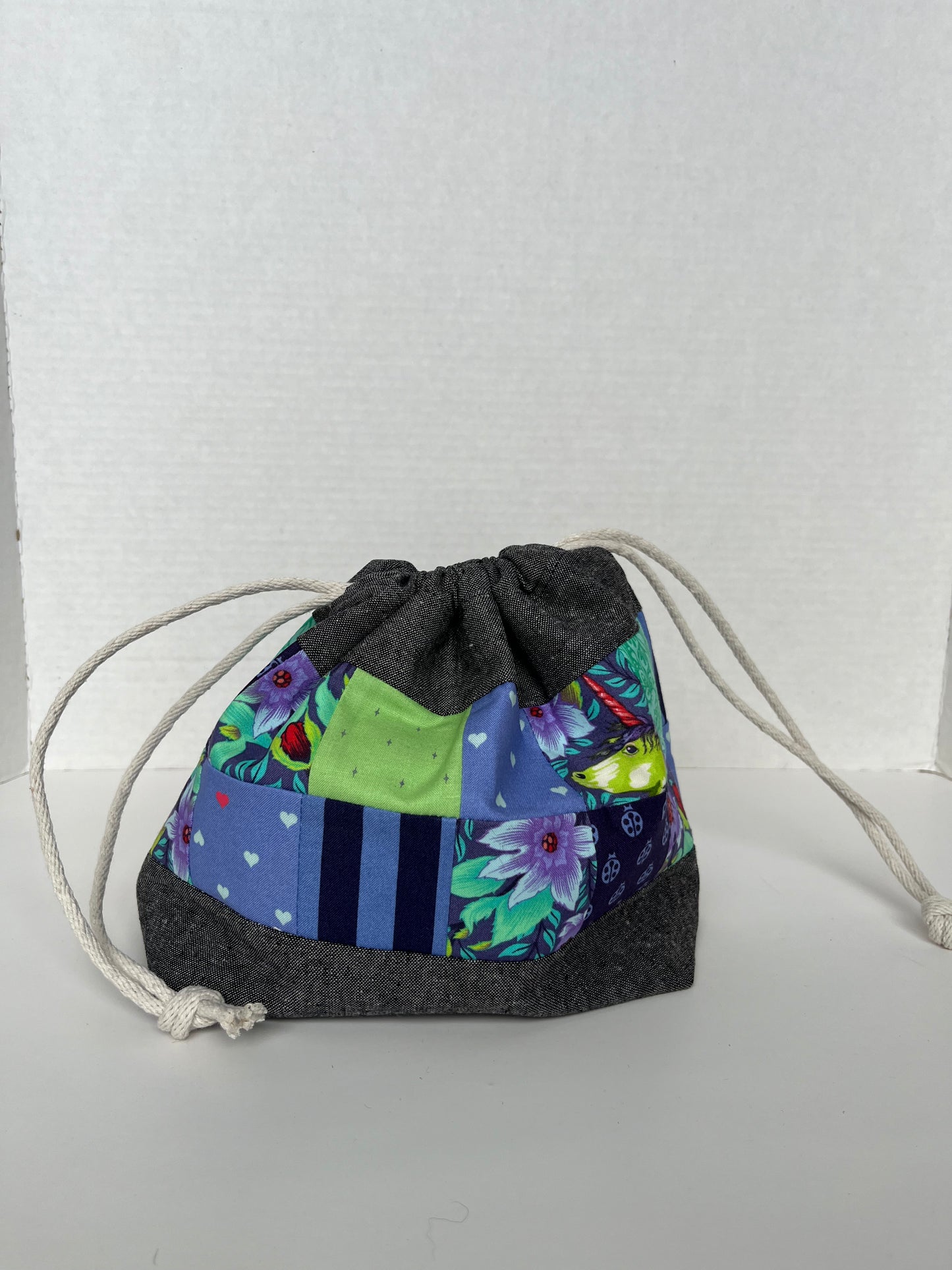 Patchwork and Linen Medium Knitting Project Bag, Valentine Drawstring Bag