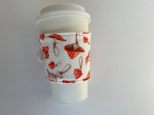Mushrooms Cottagecore Themed Coffee Cup Cozy, fabric coffee sleeve