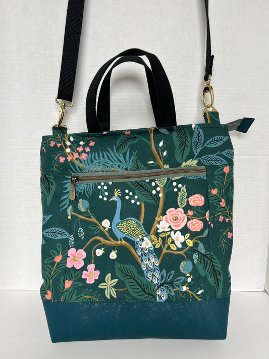 Green Peacock Themed Rifle Paper Co Canvas Cross body Tote Bag