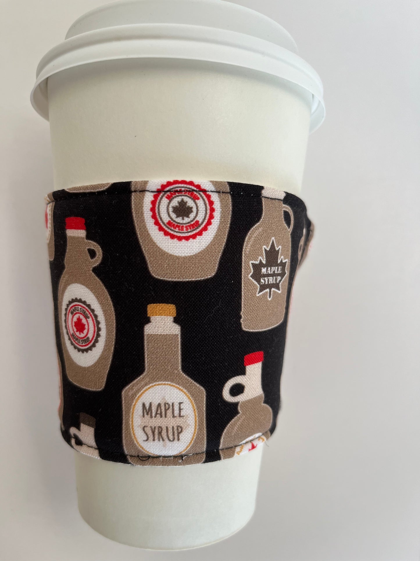 Maple Syrup Canadian Themed Coffee Cup Cozy, fabric coffee sleeve