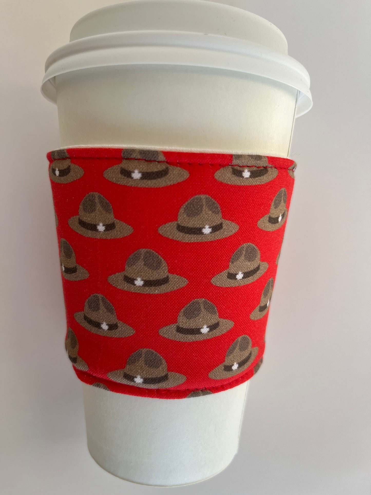 Royal Canadian Mounted Police Themed Coffee Cup Cozy, fabric coffee sleeve