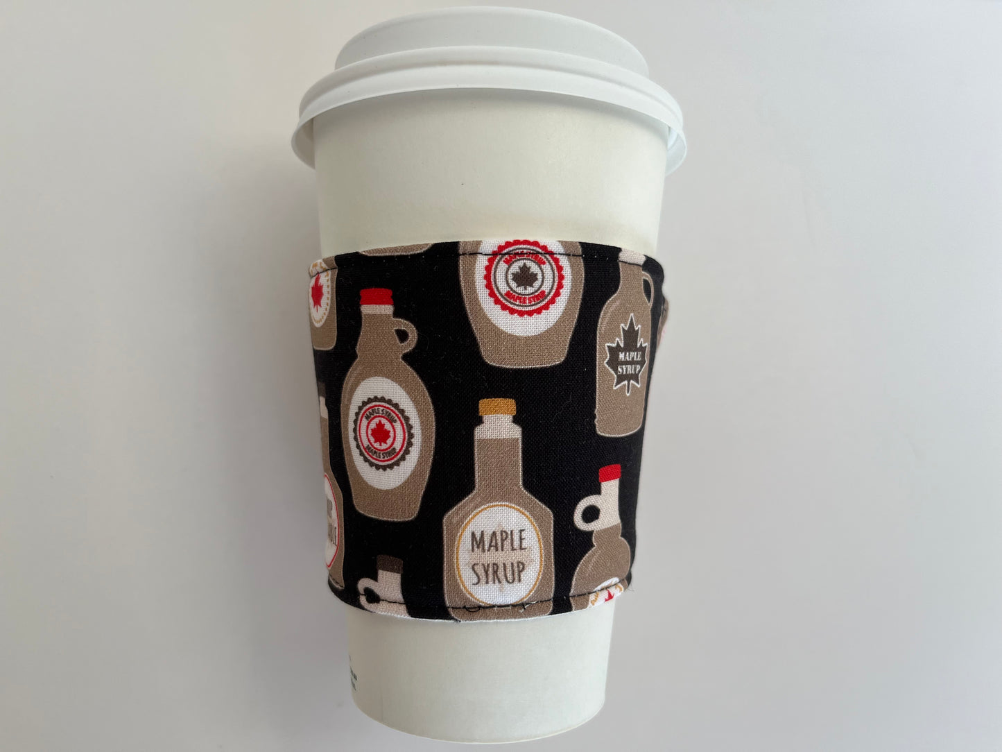 Maple Syrup Canadian Themed Coffee Cup Cozy, fabric coffee sleeve
