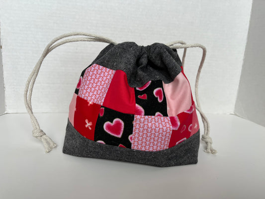 Patchwork and Linen Medium Knitting Project Bag, Valentine Themed Drawstring Bag