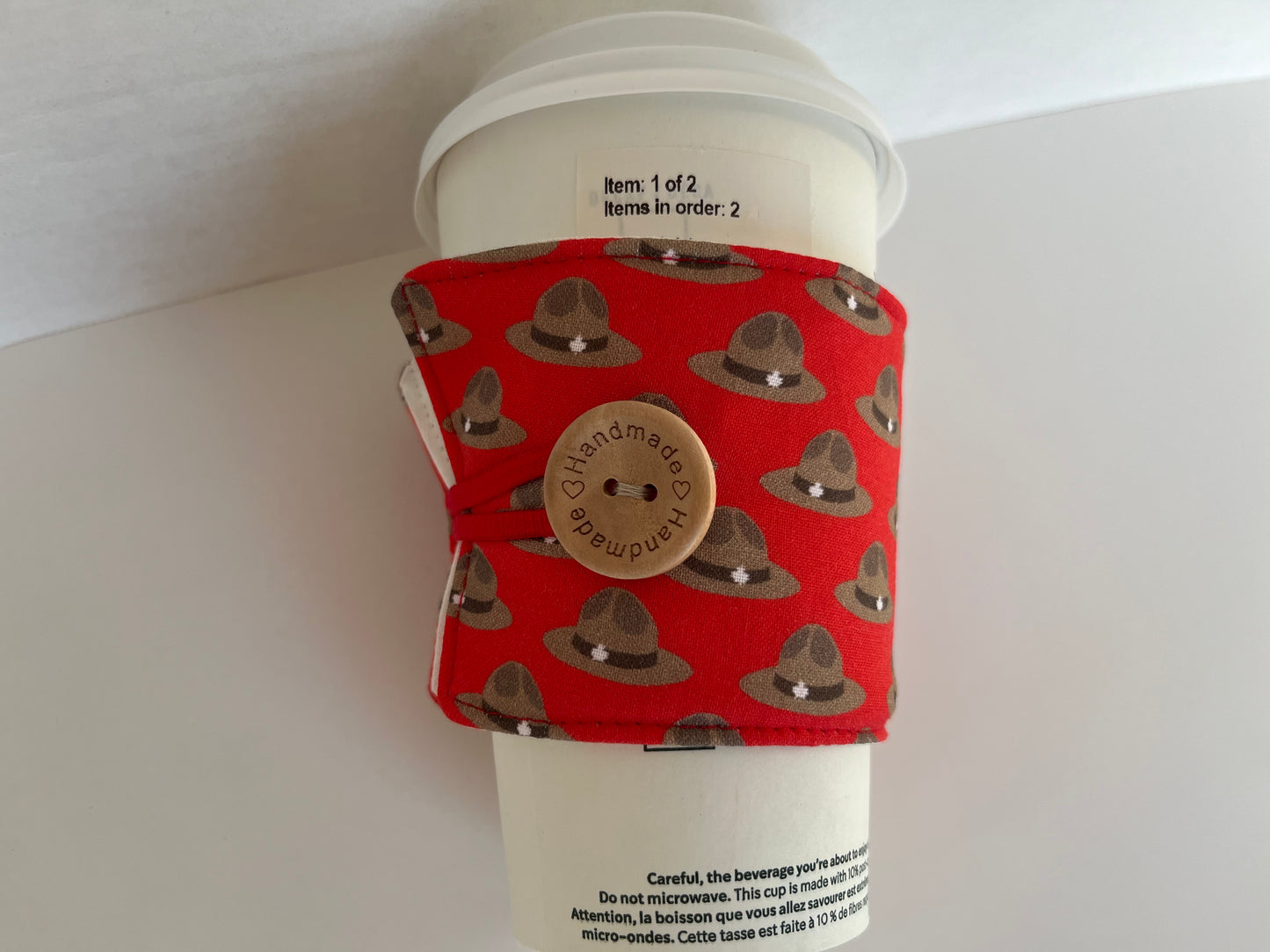 Royal Canadian Mounted Police Themed Coffee Cup Cozy, fabric coffee sleeve