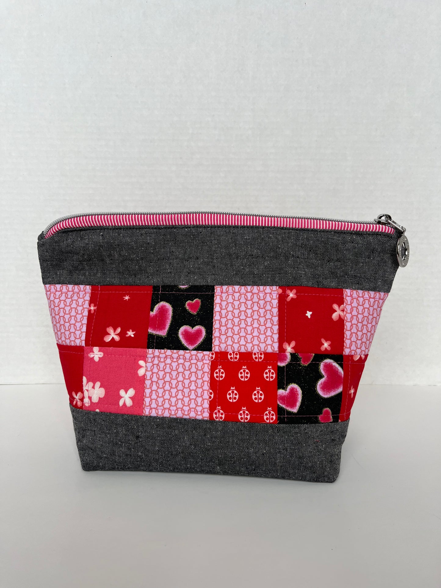 Patchwork and Linen Quilted Zipper Pouch , Valentine Bag