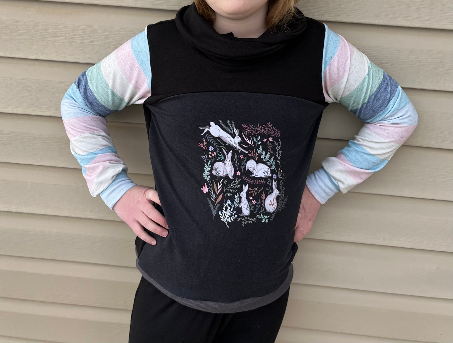 Children’s cowl neck Sweatshirt for Easter and Spring with Rabbits