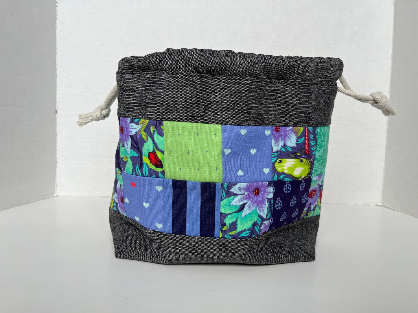 Patchwork and Linen Medium Knitting Project Bag, Valentine Drawstring Bag