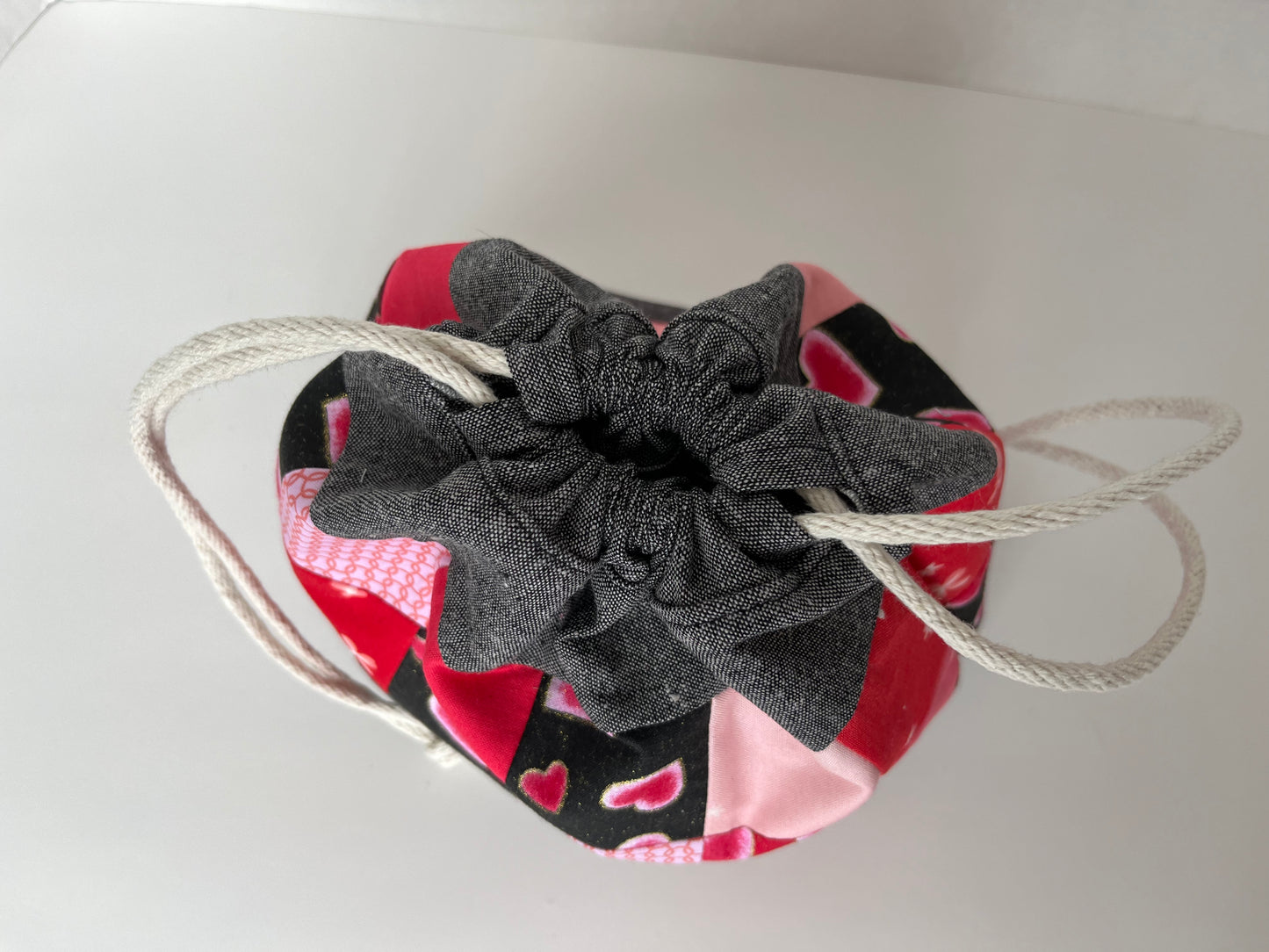 Patchwork and Linen Medium Knitting Project Bag, Valentine Themed Drawstring Bag
