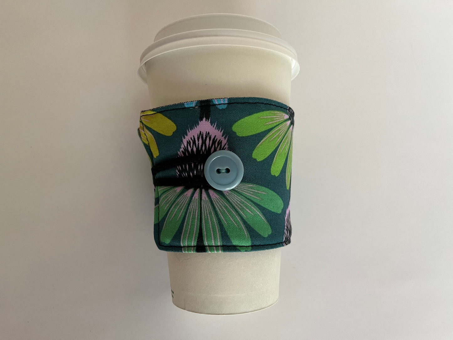 Teal Echinacea Flowers Coffee Cup Cozy, fabric coffee sleeve