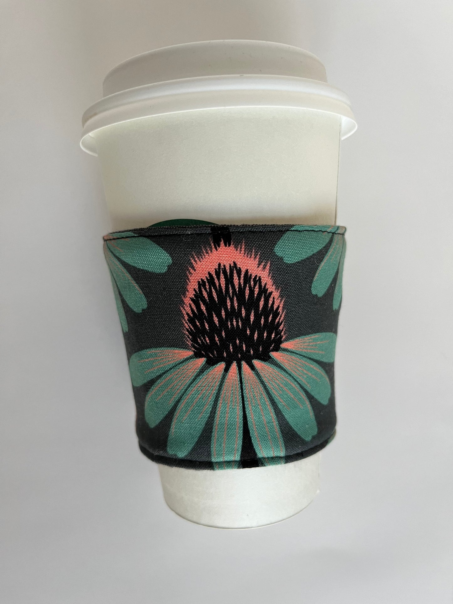 Grey Echinacea Flowers Coffee Cup Cozy, fabric coffee sleeve