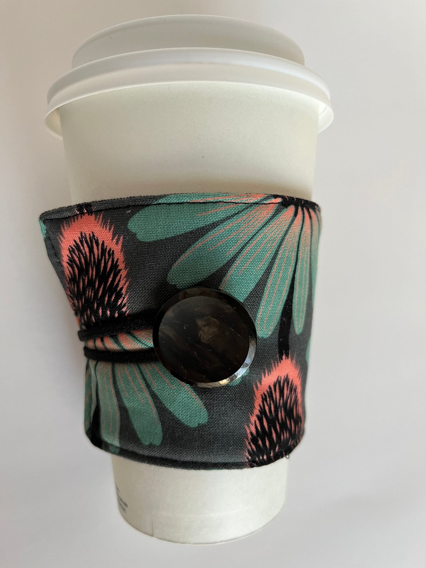 Grey Echinacea Flowers Coffee Cup Cozy, fabric coffee sleeve