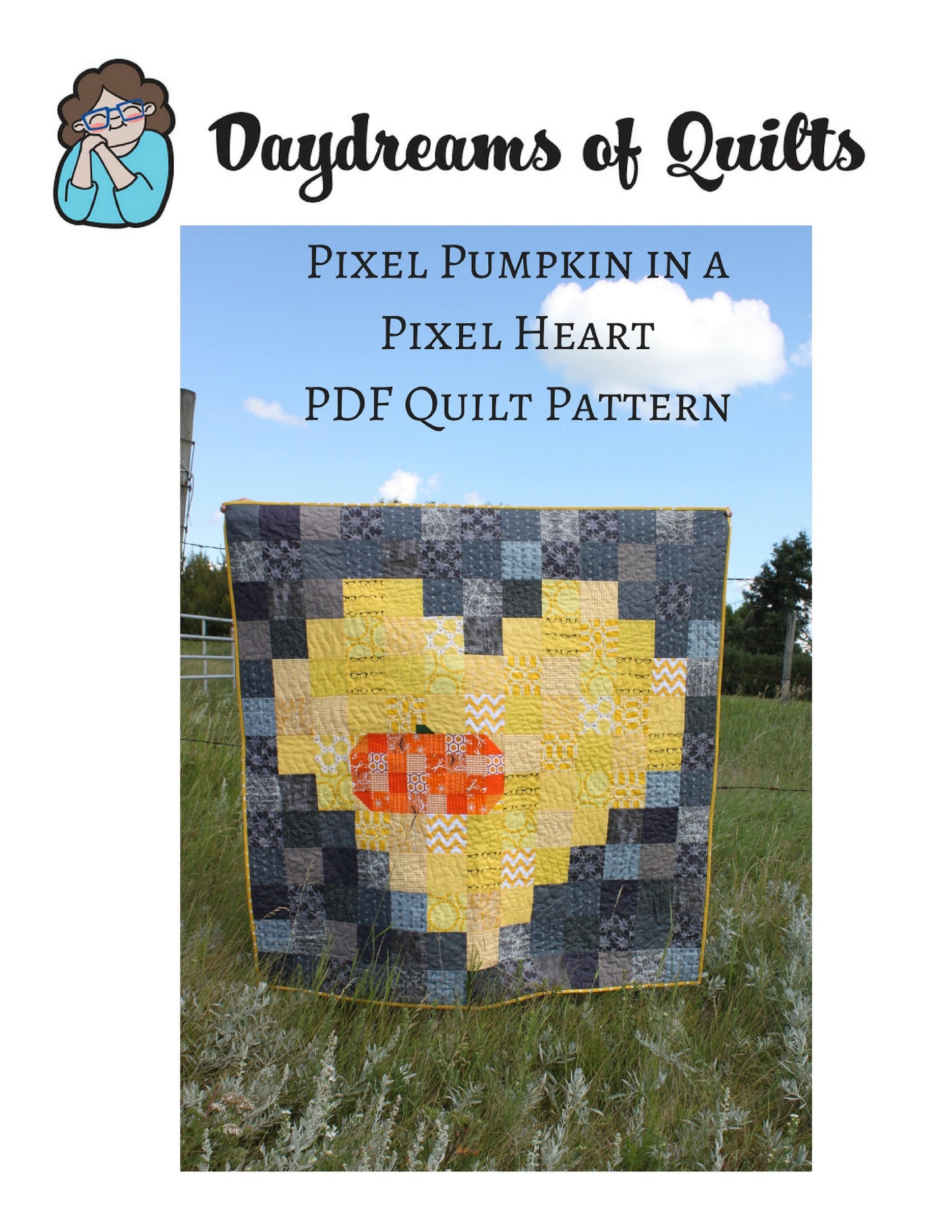 Fall Quilt Pattern, Easy Autumn Quilt, Pixel Pumpkin in a Pixel Heart PDF Quilt Pattern, Beginner friendly quilt, charm square quilt