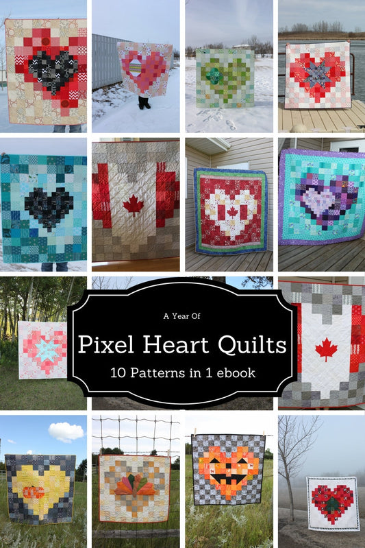 Heart Quilt Patterns, Quilt ebook, Pixel Heart Quilt Patterns, Beginner Friendly Patterns, A Year of Pixel Heart Quilts ebook, ten patterns