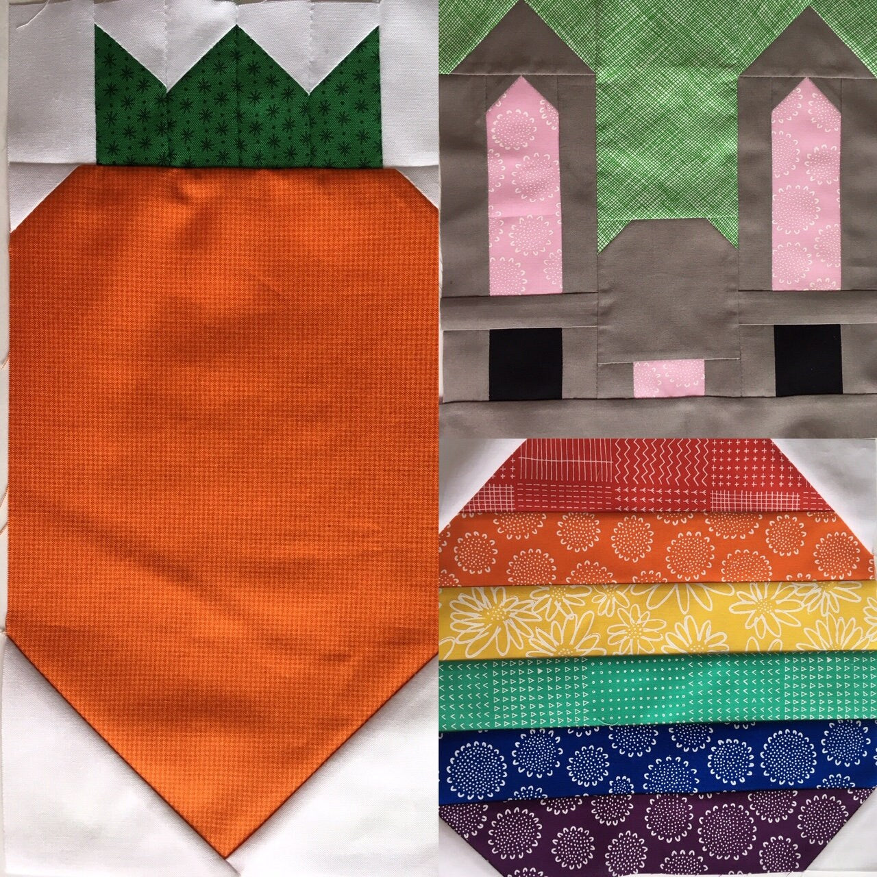 Rabbit and Carrot Quilt Block Patterns Set with Bonus Rainbow Easter Egg Block Pattern, digital quilt block patterns