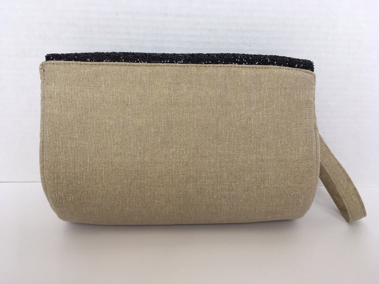 Black Glitter and Gold Metallic Linen Clutch Bag with removable wrist strap