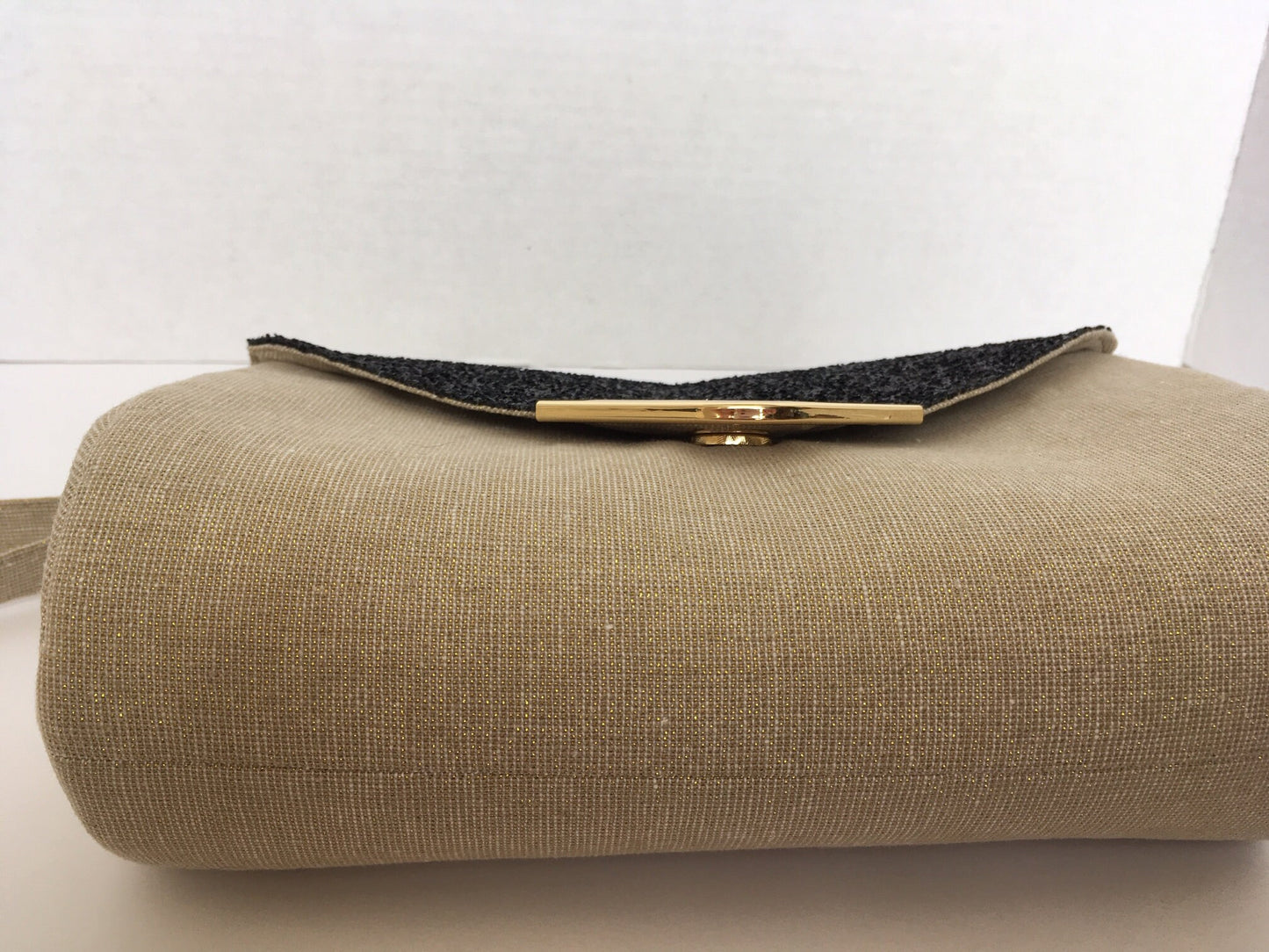 Black Glitter and Gold Metallic Linen Clutch Bag with removable wrist strap