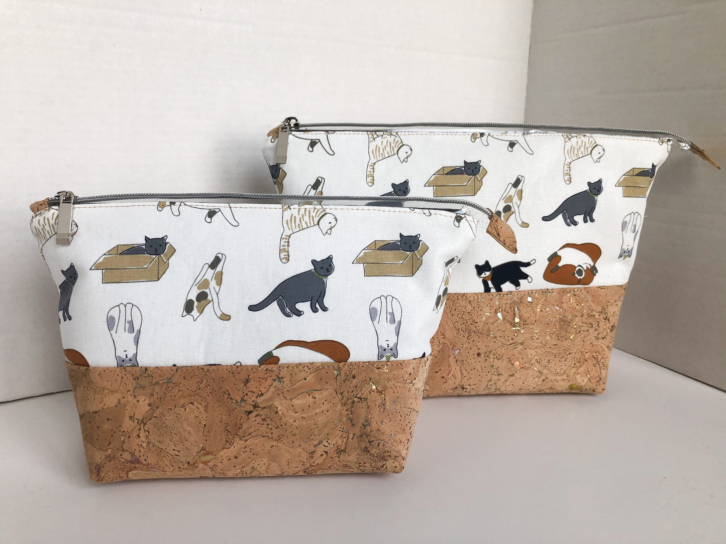 Cat Themed Zipper Pouch Oxford Cotton and Cork