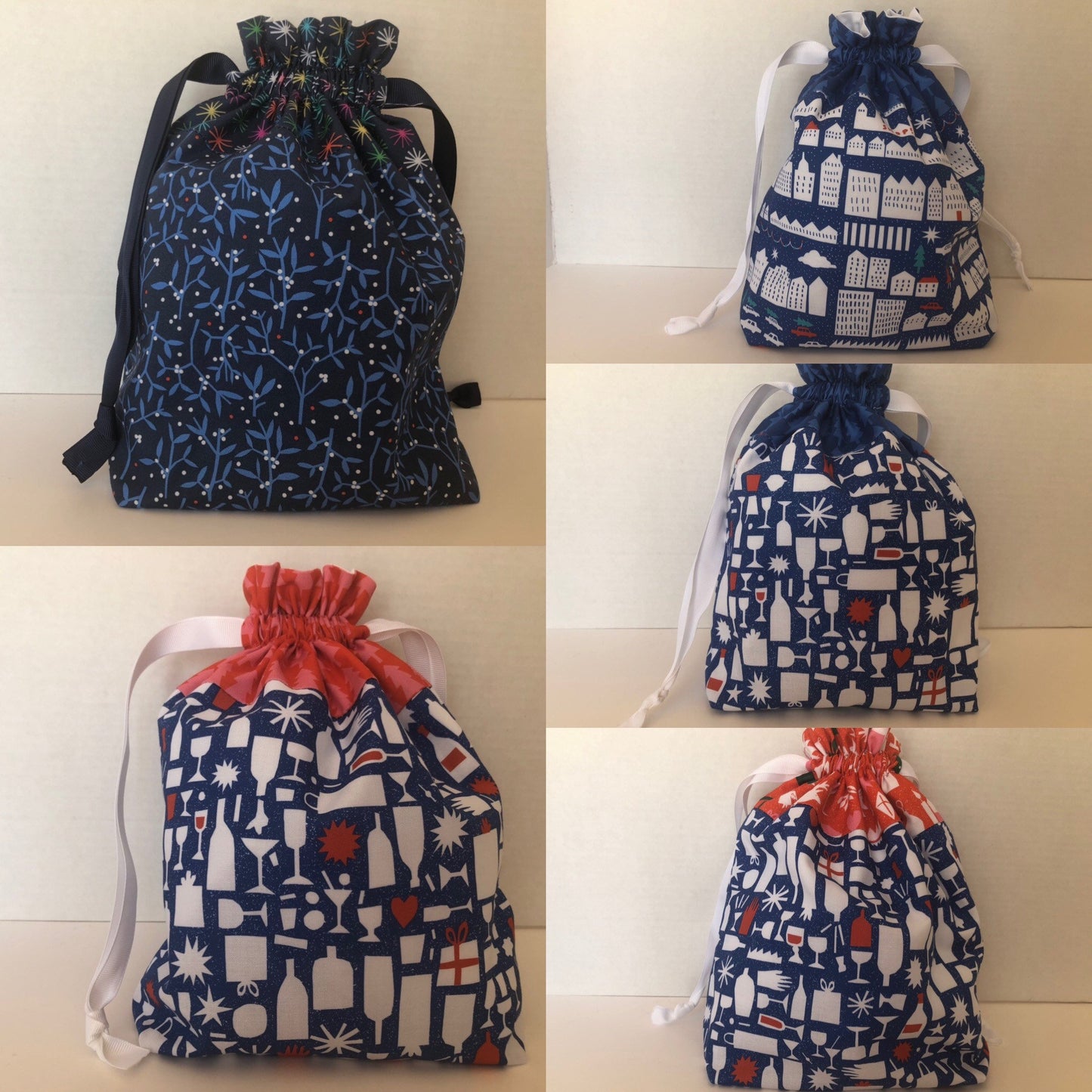Blue Reusable Drawstring Fabric Gift Bag, Christmas Gift Bag
