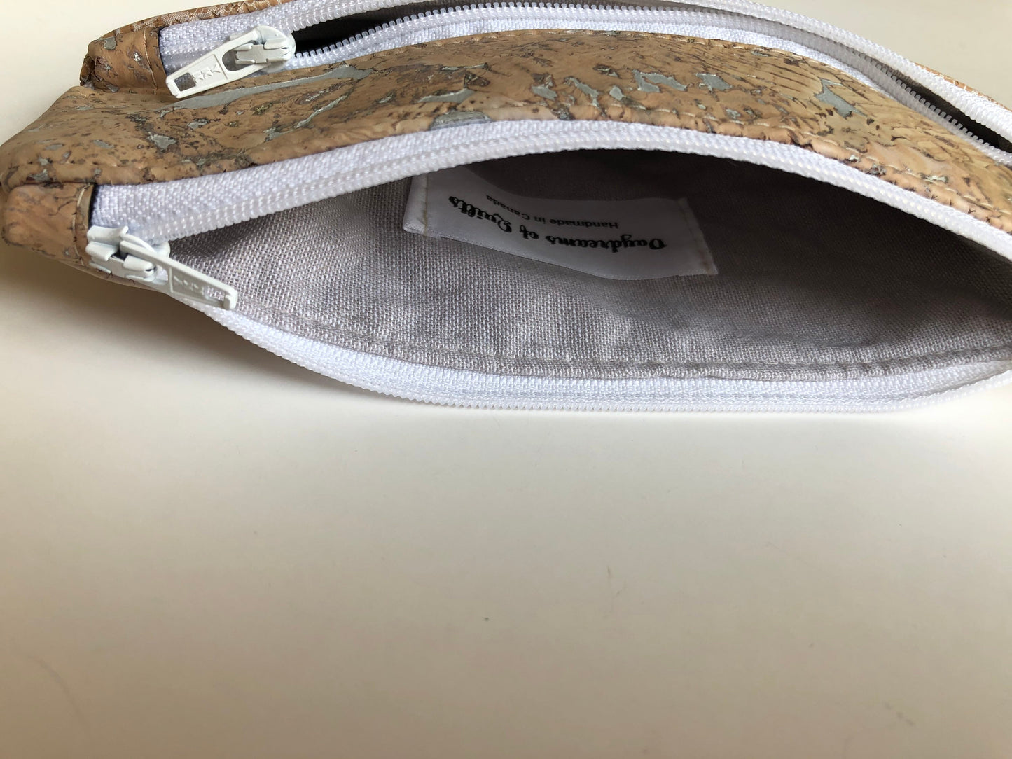 Double Zip Wristlet Pouch White and Natural Cork
