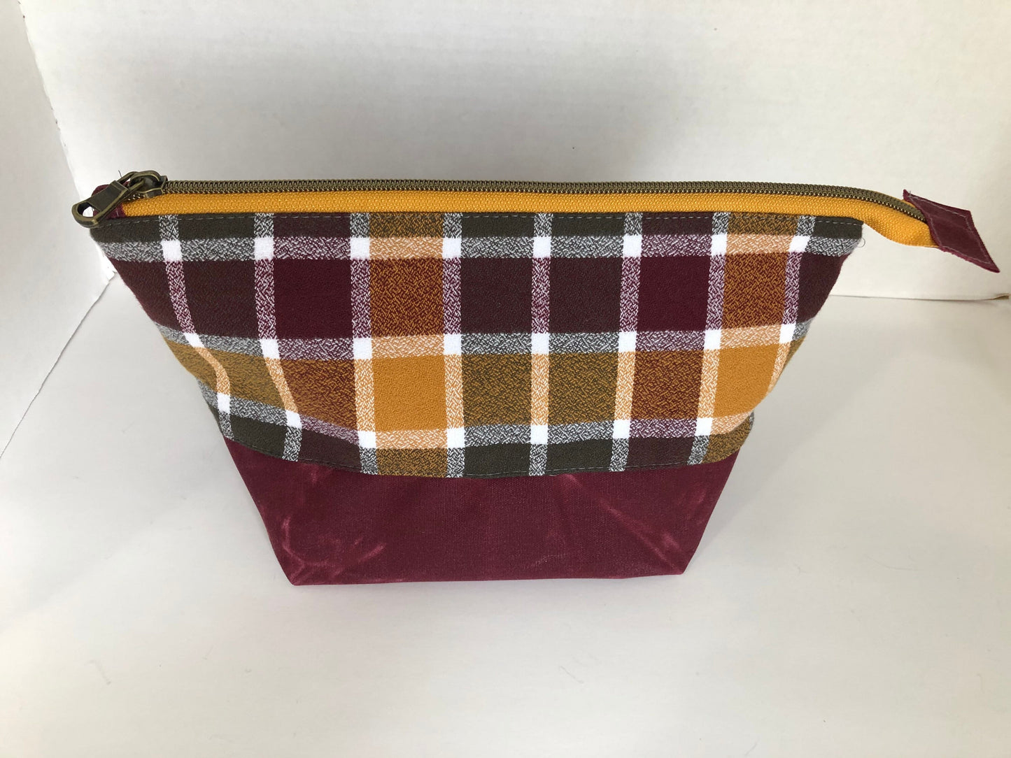 Plaid Flannel and Waxed Canvas Zipper Pouch In Fall Colors