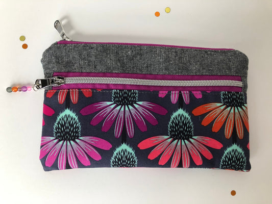 Double Zipper Planner Pouch, Personal Organizer, Echinacea Flowers, Pencil Case