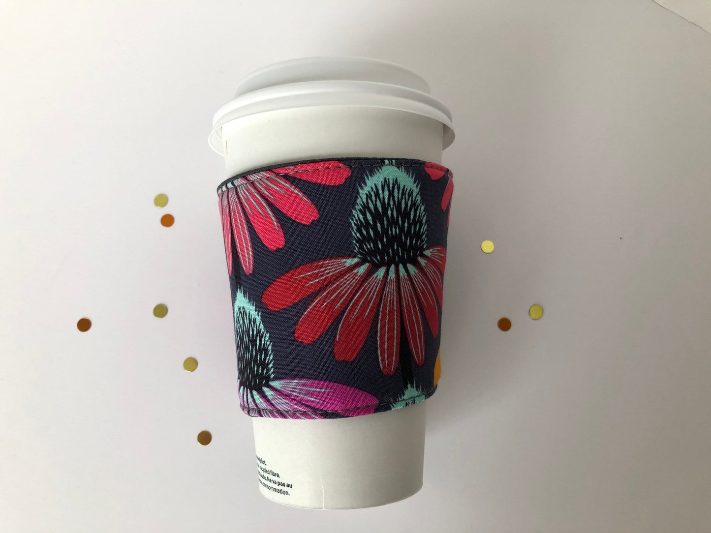 Echinacea Flowers Coffee Cup Cozy, fabric coffee sleeve, gift for her