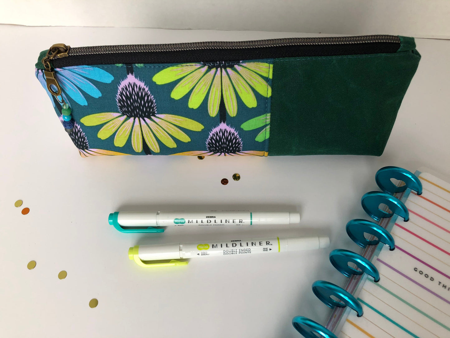Echinacea Flowers and Waxed Canvas Pencil Pouch, Planner Pouch
