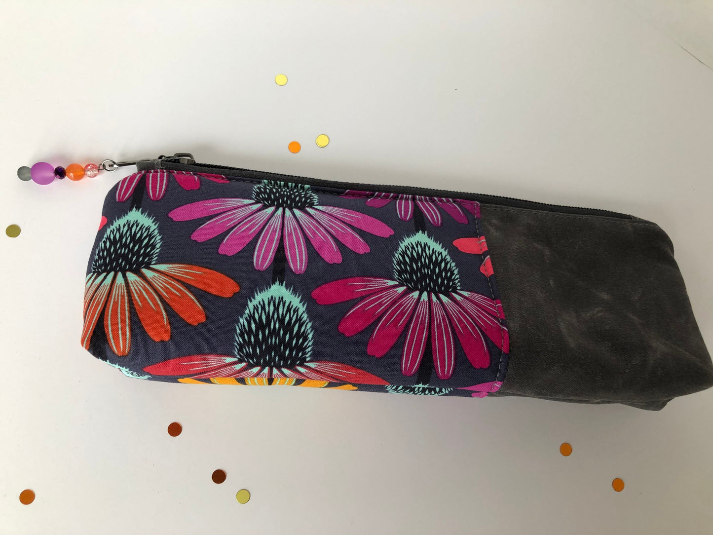 Echinacea Flowers and Waxed Canvas Pencil Pouch, Planner Pouch