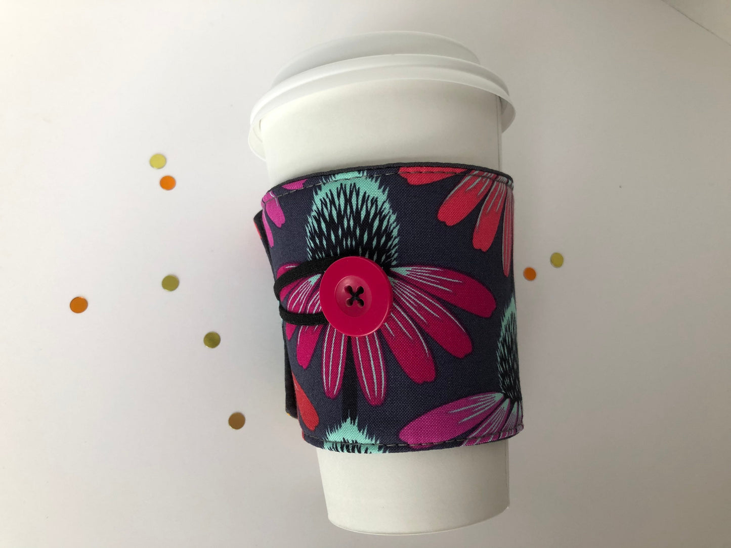 Echinacea Flowers Coffee Cup Cozy, fabric coffee sleeve, gift for her