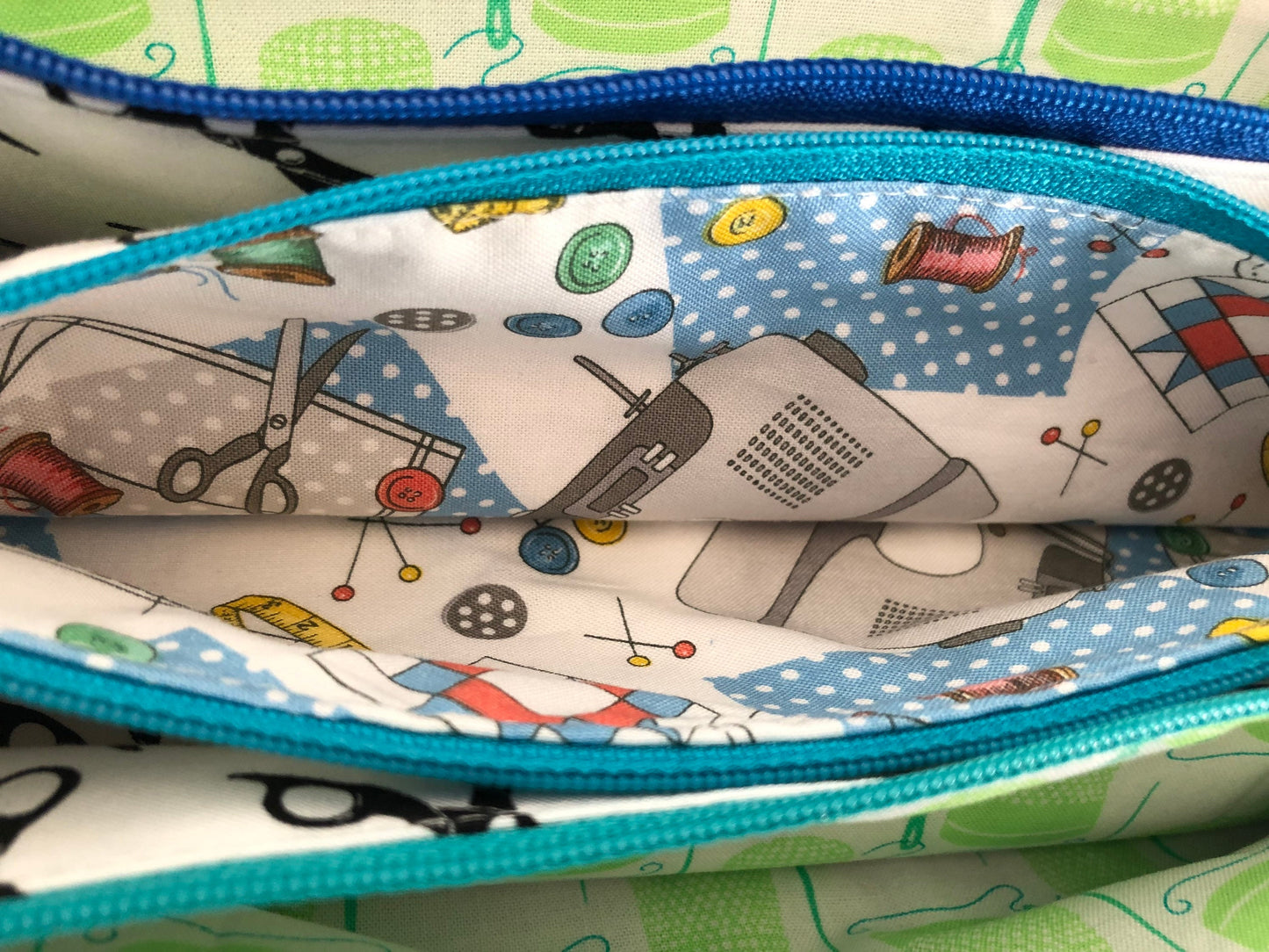 Sewing Bag with Zippered Pockets, Sew Together Bag, Blue with Scissors theme