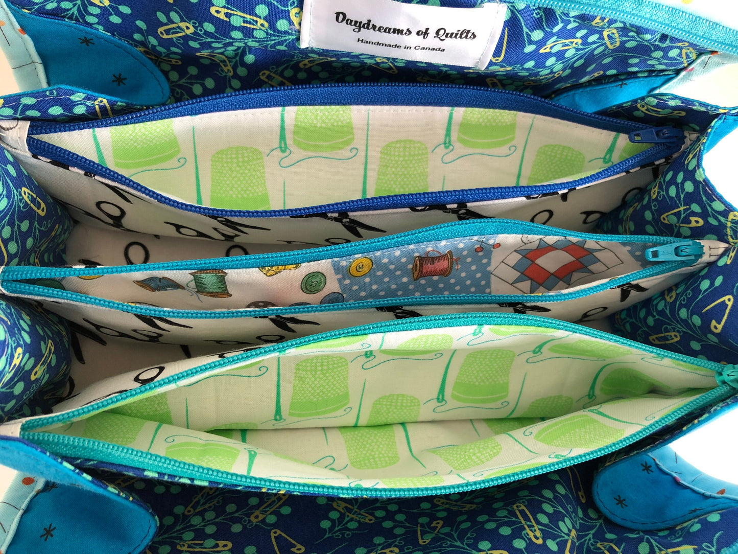 Sewing Bag with Zippered Pockets, Sew Together Bag, Blue with Scissors theme