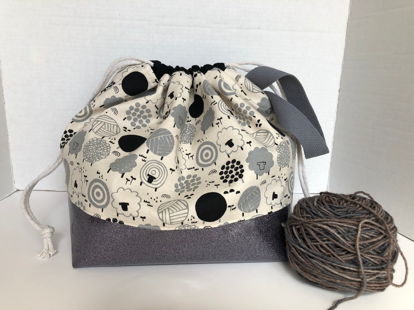 Sheep and Yarn Themed Project Bag, Finch Bucket Bag, Large Knitting Bag, Silver Glitter Vinyl