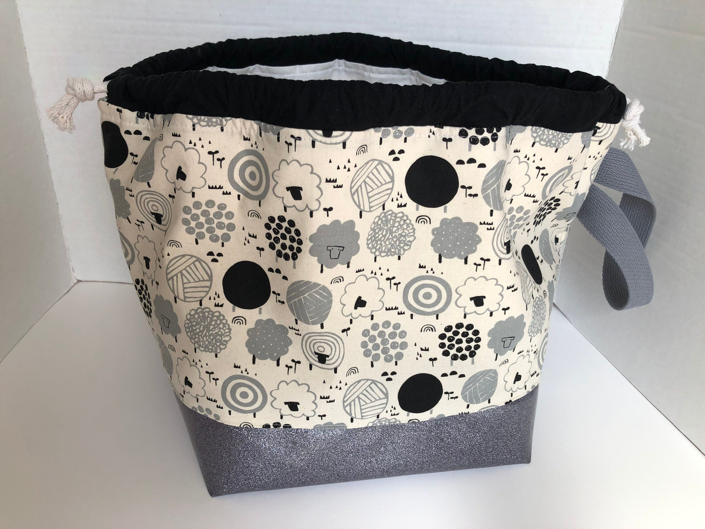 Sheep and Yarn Themed Project Bag, Finch Bucket Bag, Large Knitting Bag, Silver Glitter Vinyl