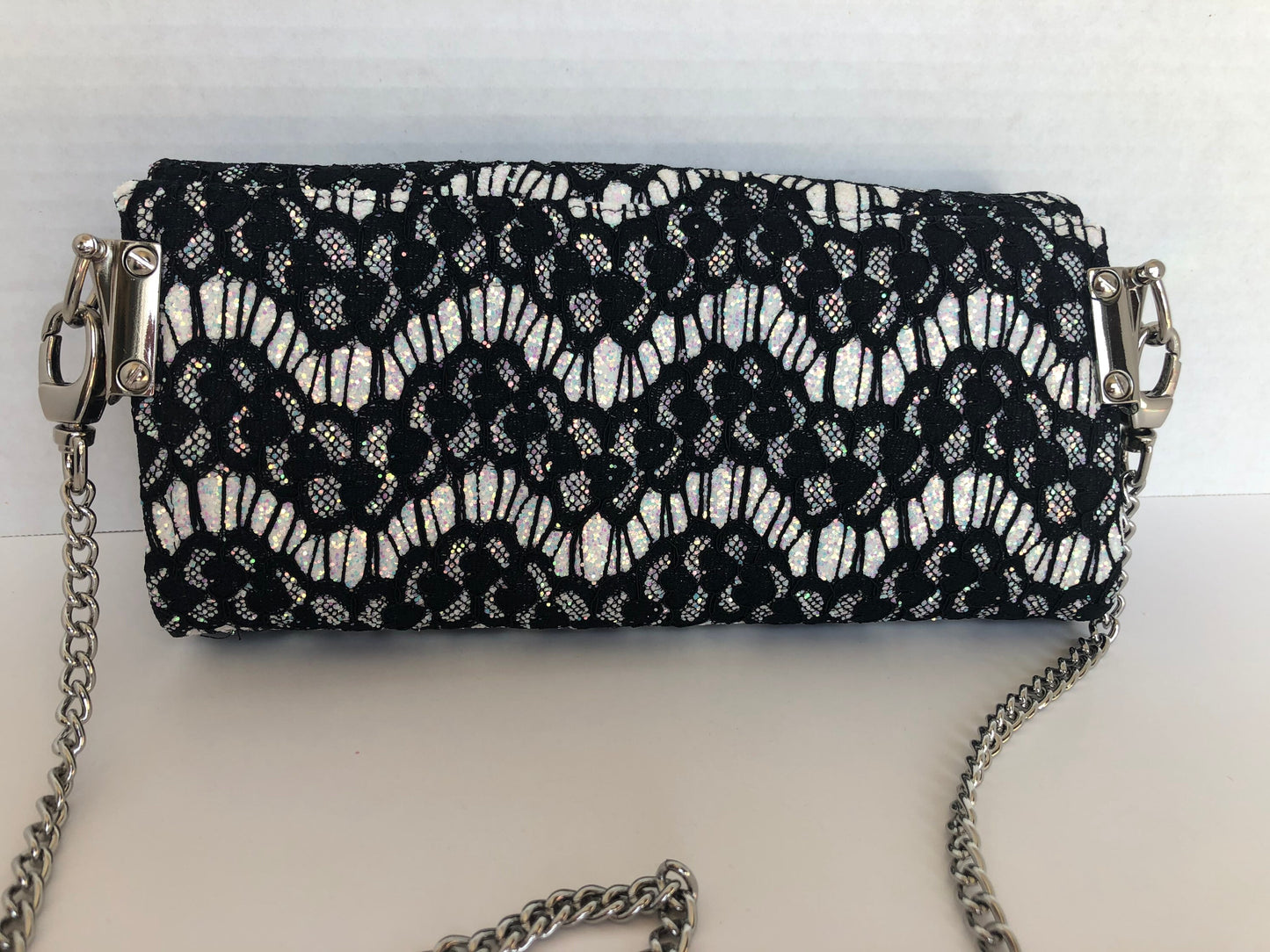 Black Lace over White Glitter Canvas Evening Bag, Wallet with Bag Chain, Ladies Wallet, Clutch bag