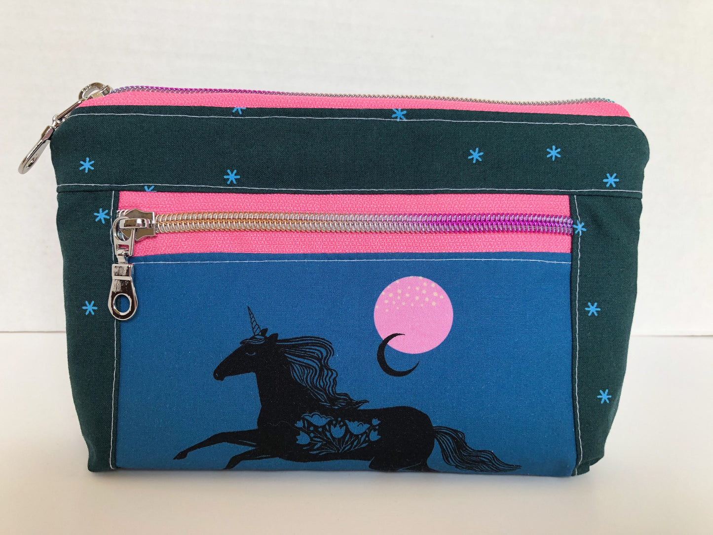 Unicorn and Moon Zipper Pouch with Pink Rainbow Zippers