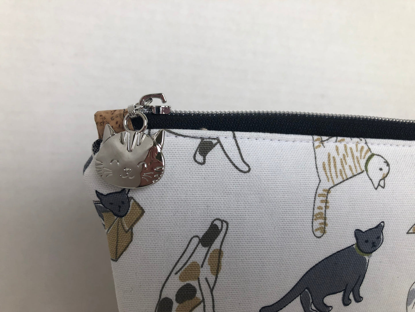 Cat Themed Zipper Pouch Oxford Cotton and Cork