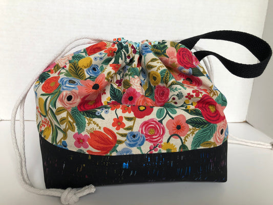 Rifle Paper Co Floral Project Bag, Finch Bucket Bag, Canvas and Rainbow Cork drawstring bag