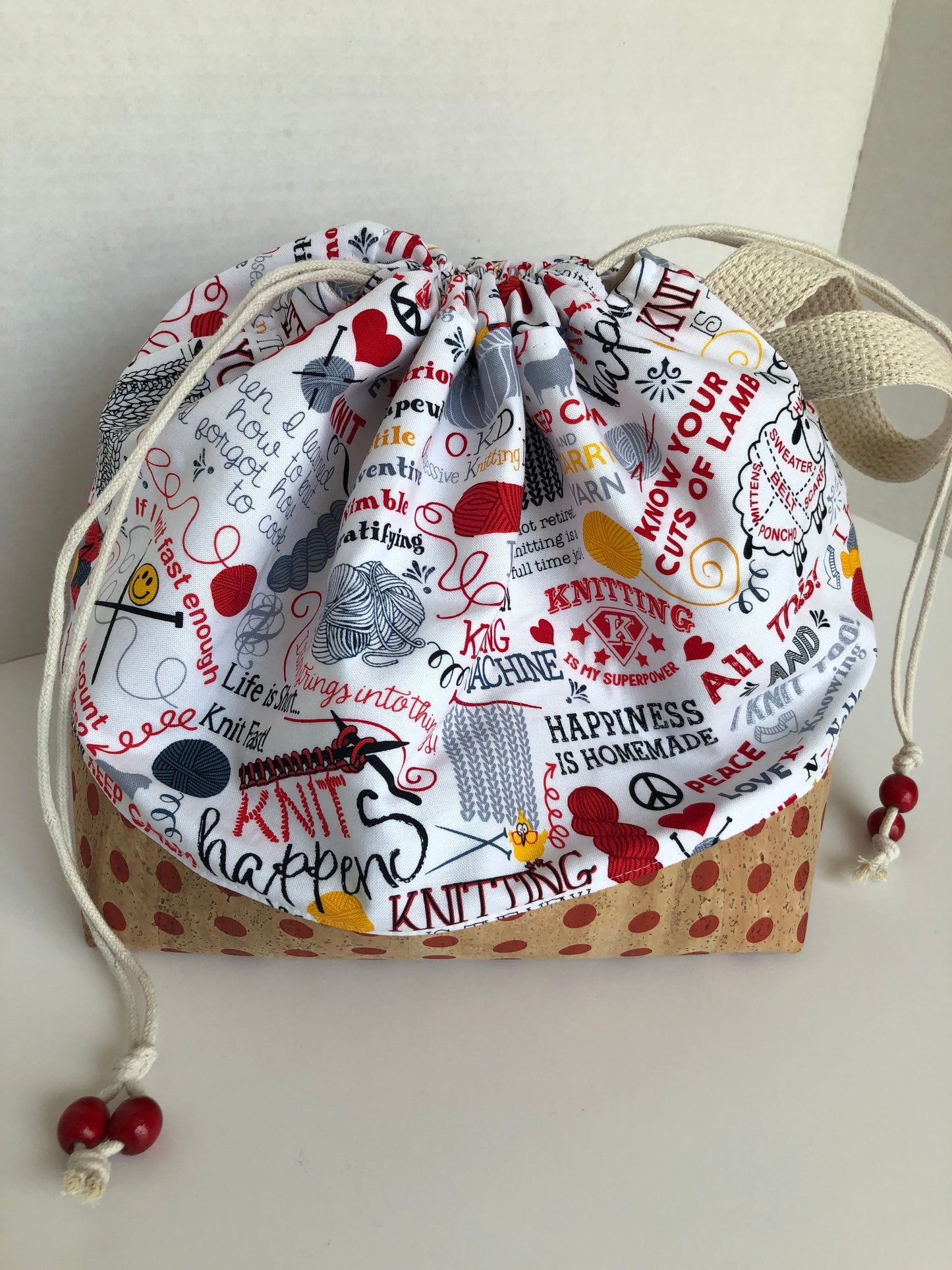Knitting Themed Project Bag, Finch Bucket Bag with Cork Base