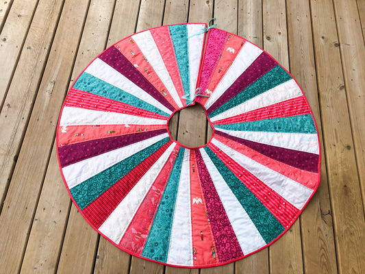 Bright Quilted Christmas Tree Skirt, Magenta, Pink, Teal and Grey, Alison Glass Fabric