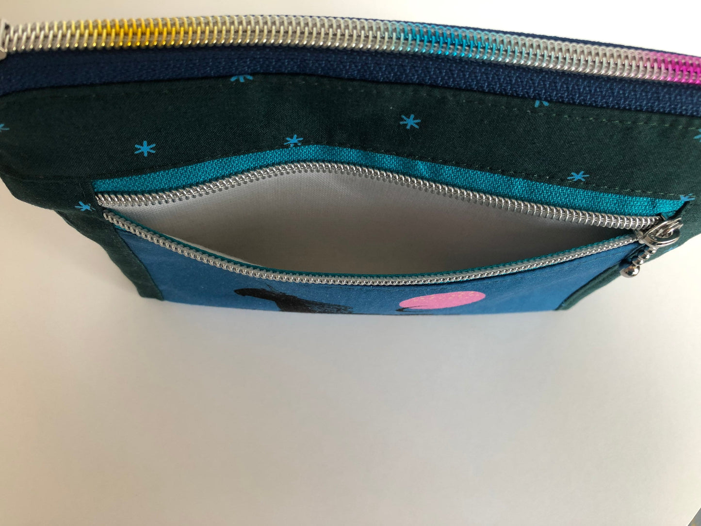 Unicorn and Moon Zipper Pouch with Blue Rainbow and Silver Zippers