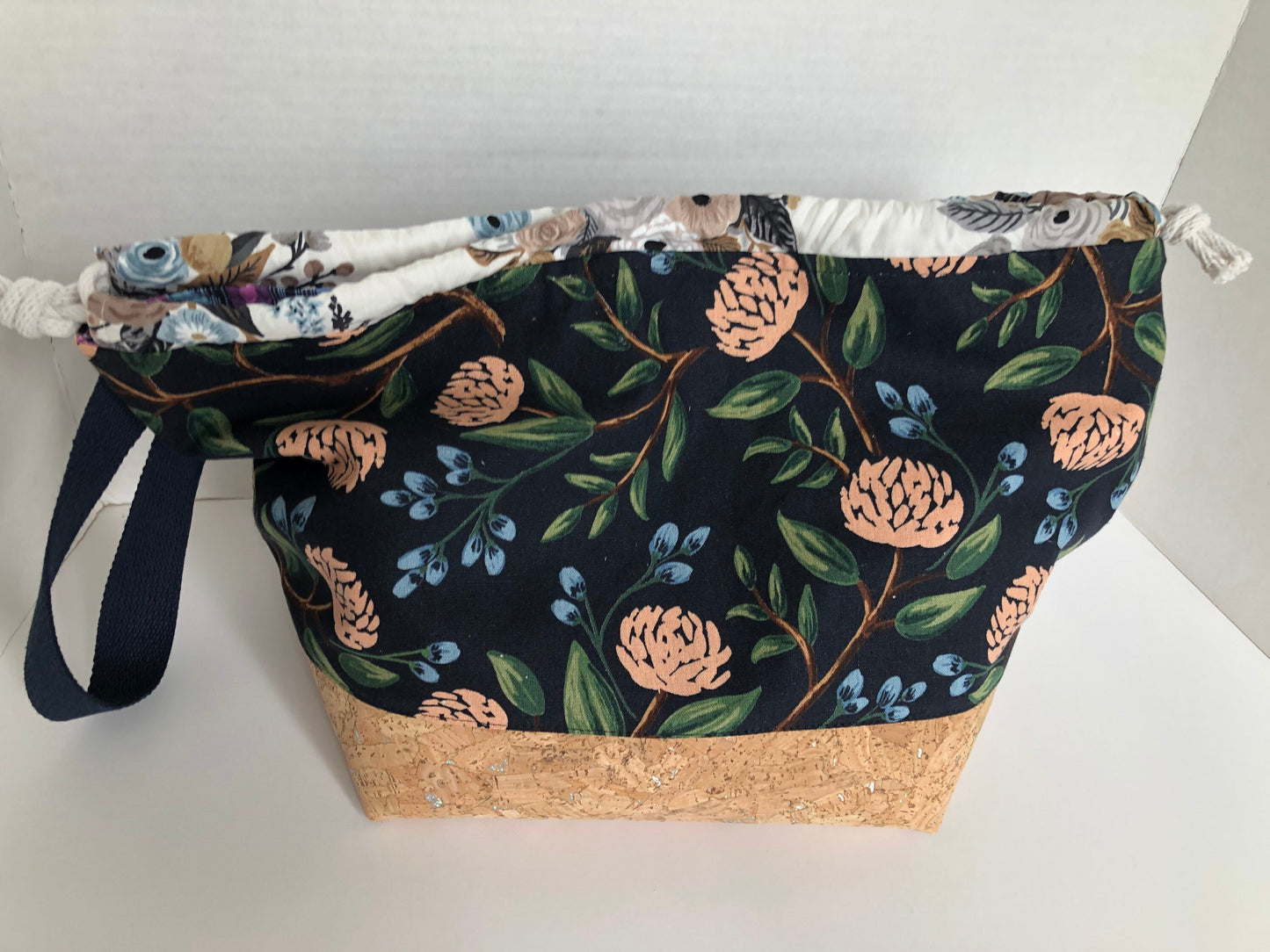 Rifle Paper Co Floral Project Bag, Finch Bucket Bag, Canvas and Cork drawstring bag