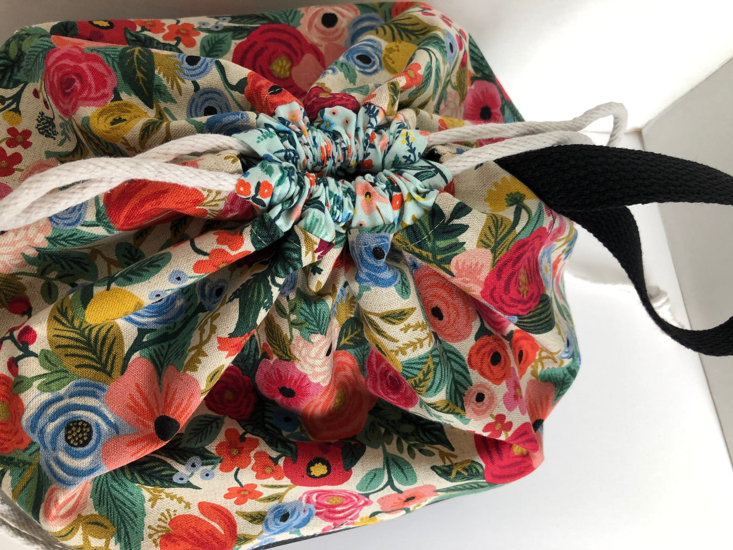 Rifle Paper Co Floral Project Bag, Finch Bucket Bag, Canvas and Rainbow Cork drawstring bag