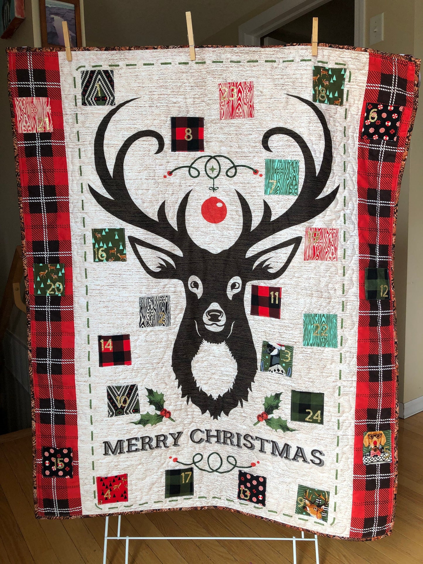 Deer and Plaid Quilted Advent Calendar, Christmas Wall Hanging, Farmhouse Style