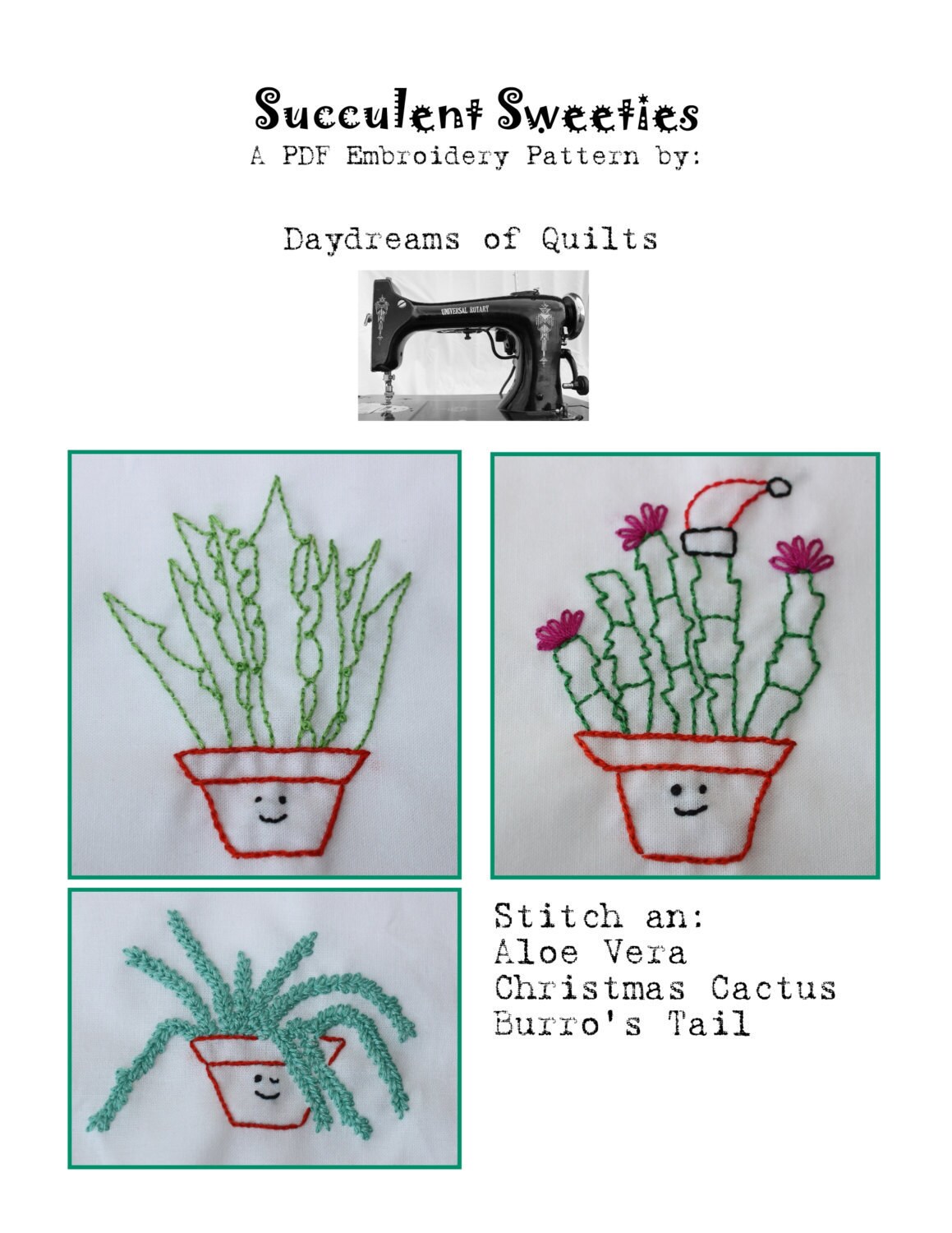 Plant embroidery pattern, Succulent Plant Embroidery Pattern, Christmas Cactus, Burro's Tail and Aloe Vera Plant, Cactus Plant Embroidery