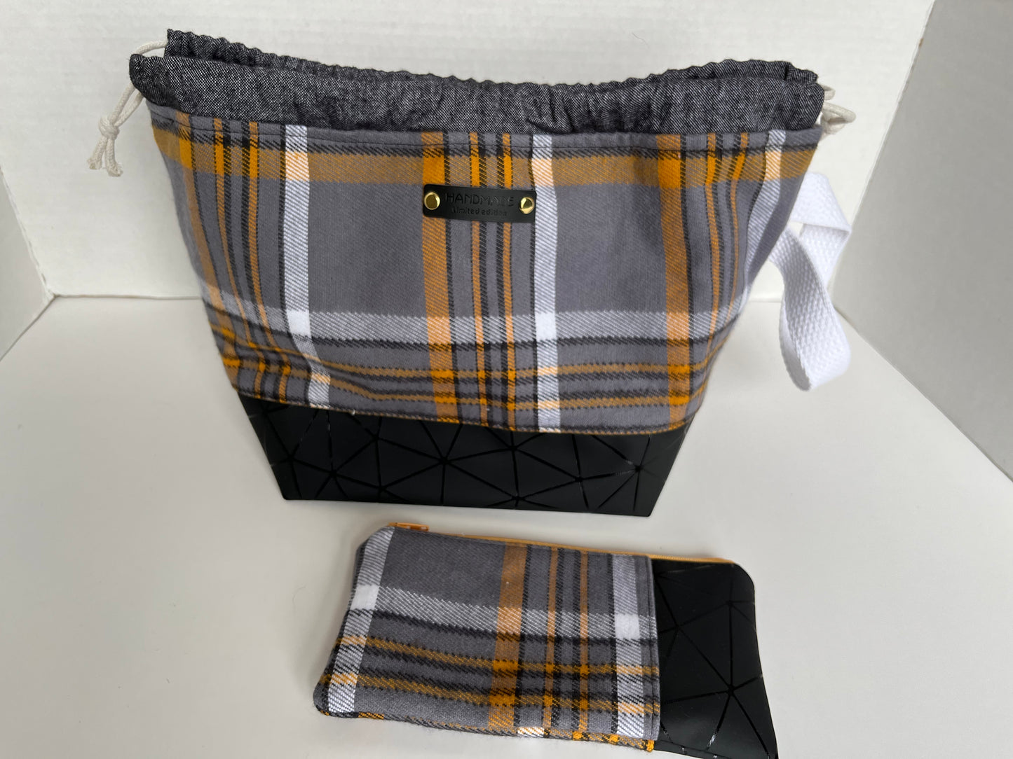 Grey and Yellow Plaid Flannel Small Knitting Bag Set, Fall Project Bag, Finch Bucket Bag