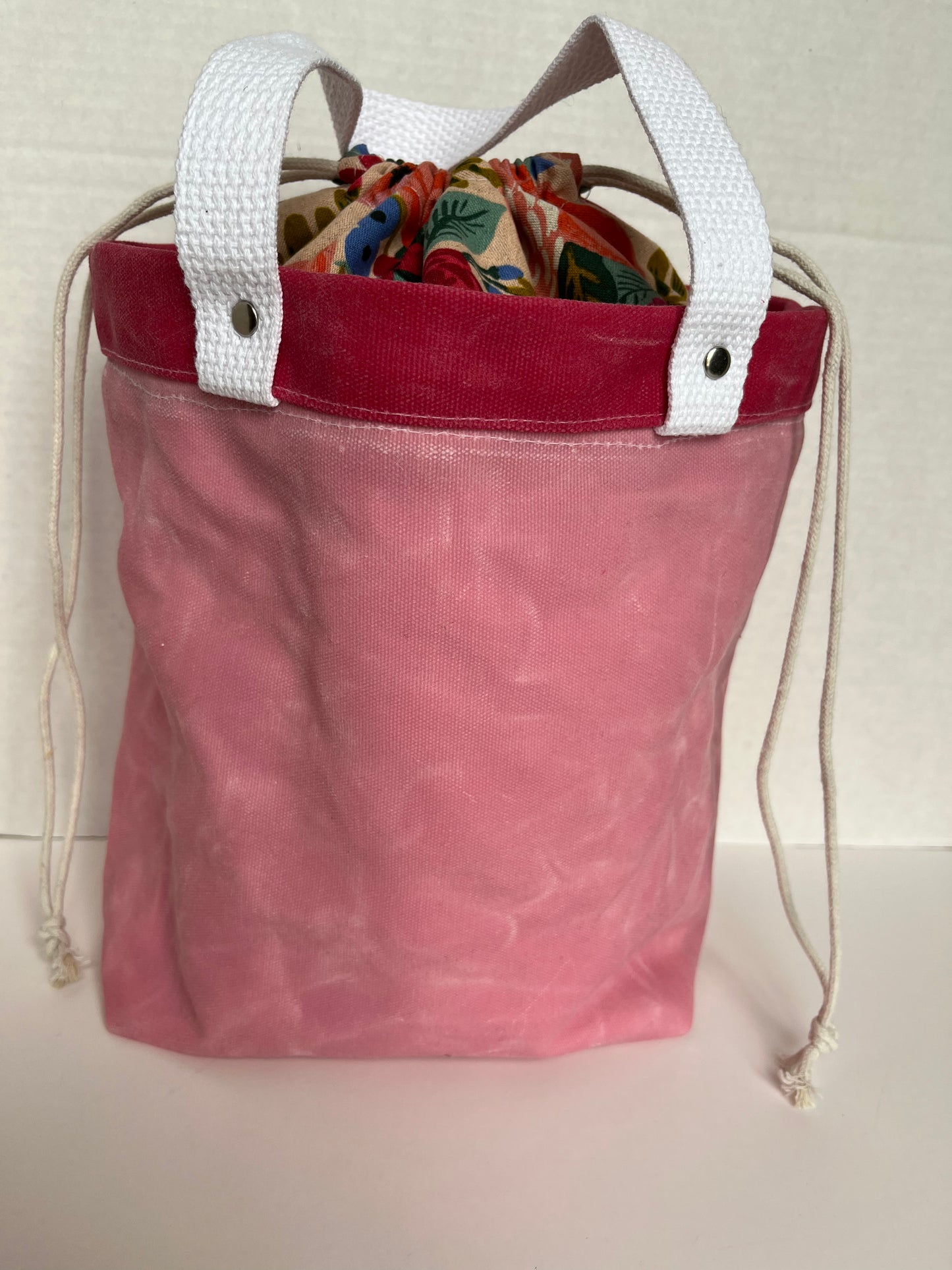 Pink Floral Themed Project Bag, Firefly Tote, Waxed Canvas