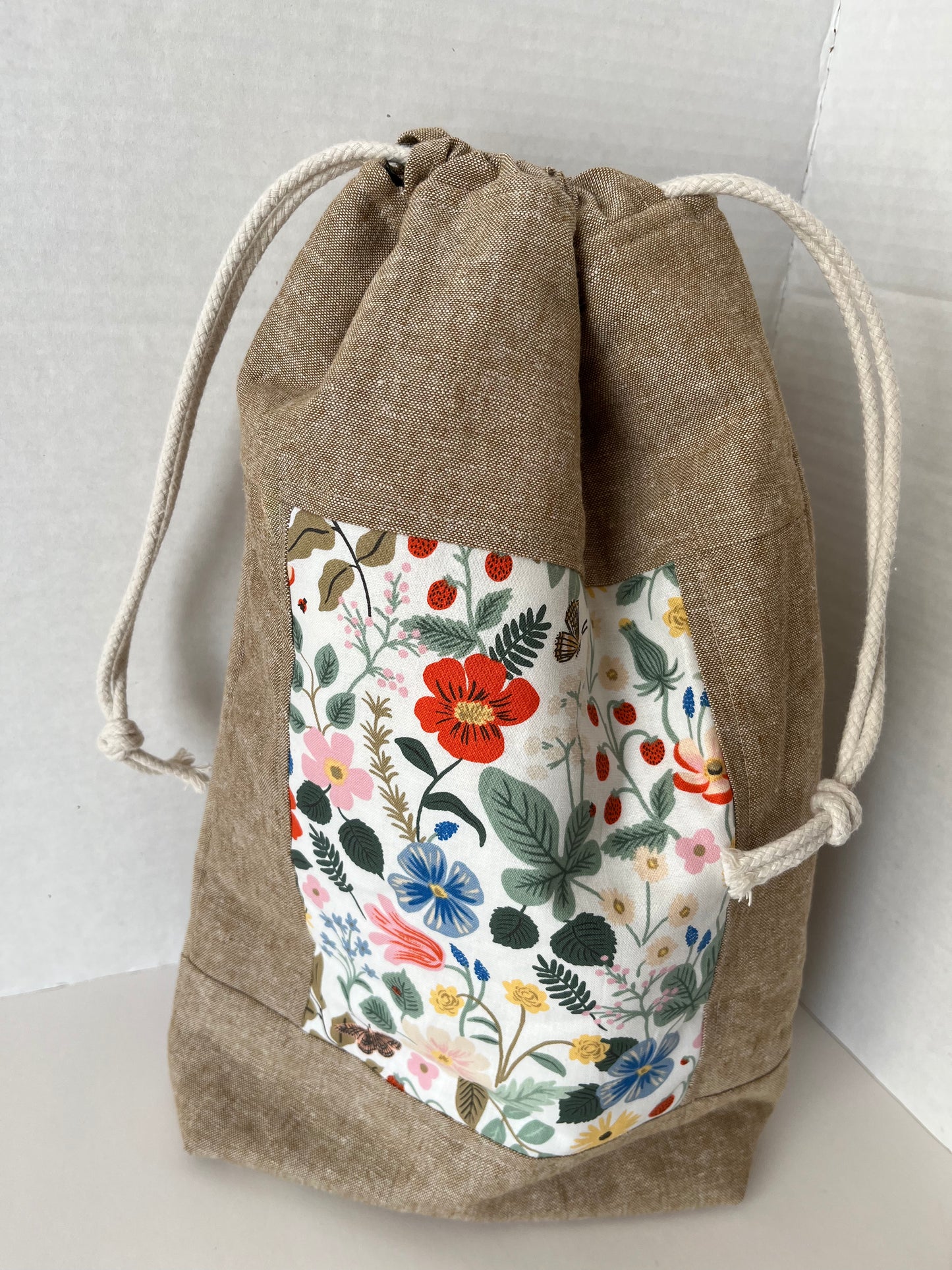 Beige Linen and Rifle Paper Co Floral Knitting Project Bag